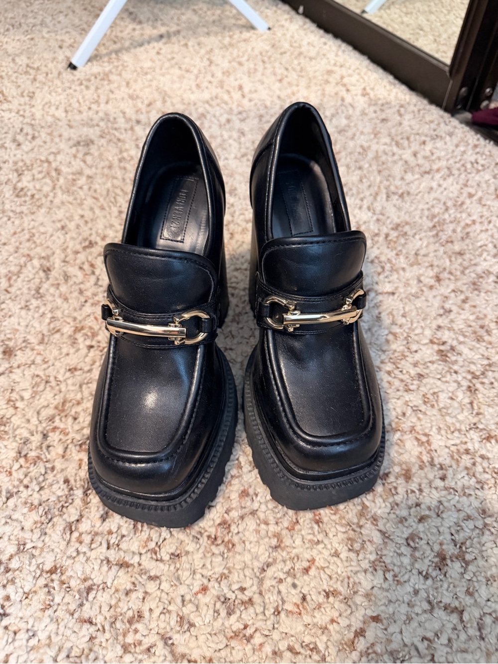Black Leather Loafers with Gold Bit Accent
